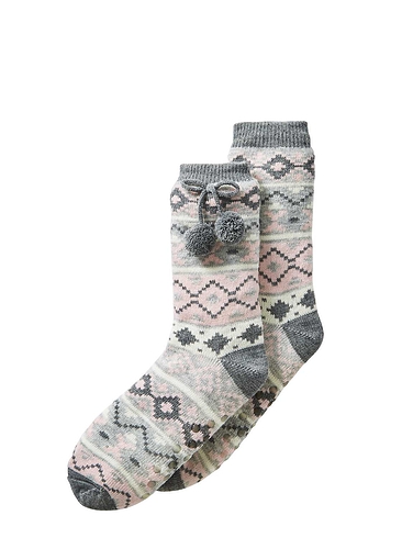 Jacquard Design Loungesock With Grippers and Pom Pom Detail