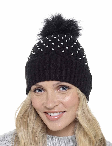 Ladies Rib Hat With Pearls and Bobble