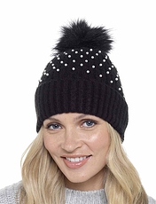 Ladies Rib Hat With Pearls and Bobble Black