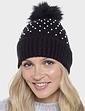 Ladies Rib Hat With Pearls and Bobble Black