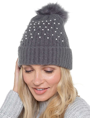 Ladies Rib Hat With Pearls and Bobble