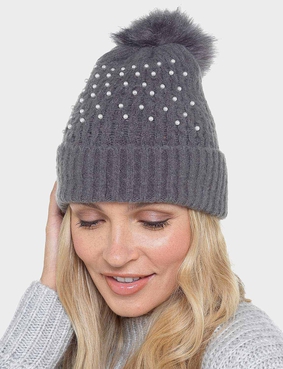 Ladies Rib Hat With Pearls and Bobble Black