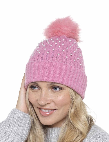 Ladies Rib Hat With Pearls and Bobble