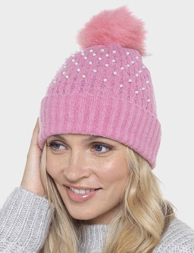 Ladies Rib Hat With Pearls and Bobble Black