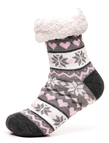 Fairisle Inspired Lounge Socks With Sherpa Lining and Grippers