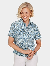 Short Sleeved Cotton Print Blouse Cobalt