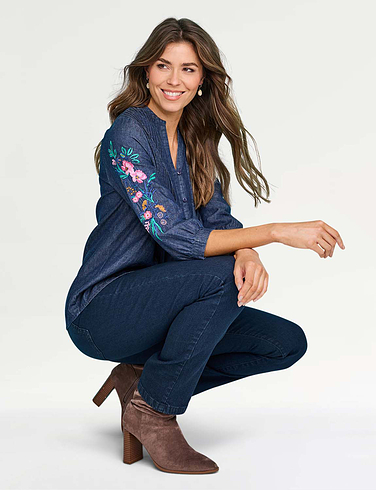 Embroidered Sleeve Pintuck Denim Shirt