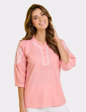 Three Quarter Sleeve Embroidered Blouse Coral