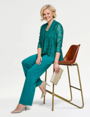 Three Piece Lace Trim Trouser Set Emerald