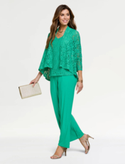 Three Piece Lace Trim Trouser Set Emerald