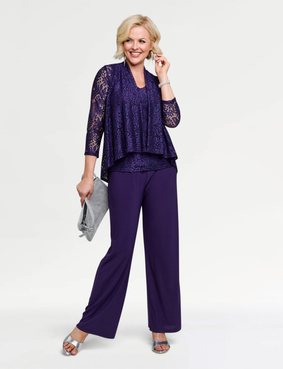 Three Piece Lace Trim Trouser Set Emerald