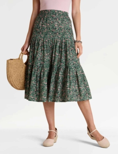 Tiered Print Cotton Skirt Denim