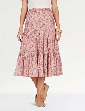 Tiered Print Cotton Skirt Denim