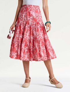 Tiered Print Cotton Skirt Denim