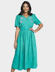 Embroidered Linen Mix Dress Navy