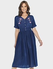 Embroidered Linen Mix Dress Navy