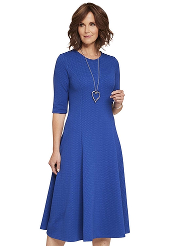 Textured Fit and Flare Dress With Necklace - Blue