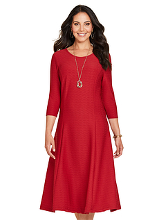 Textured Fit and Flare Dress With Necklace - Wine
