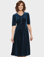 Velour Dress With Diamante Buttons Navy