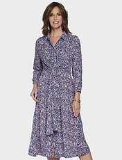 Three Quarter Sleeve Print Tie Front Dress Blue