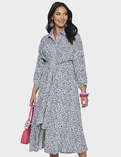 Three Quarter Sleeve Print Tie Front Dress - Ivory Print