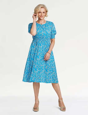 Smock Cuff and Waist Print Viscose Dress Aqua