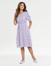 Smock Cuff and Waist Print Viscose Dress Aqua