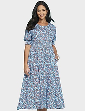 Smock Cuff and Waist Print Viscose Dress Blue