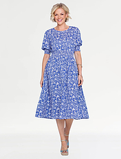 Smock Cuff and Waist Print Viscose Dress Blue