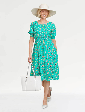 Smock Cuff and Waist Print Viscose Dress Aqua