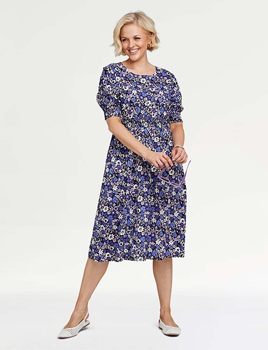 Smock Cuff and Waist Print Viscose Dress