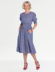 Smock Cuff and Waist Print Viscose Dress Blue