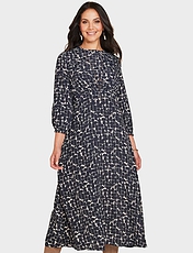 3/4 Sleeve Gathered Print Viscose Crepe Dress Navy