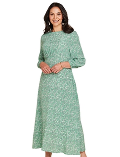 3/4 Sleeve Gathered Print Viscose Crepe Dress - Soft Green
