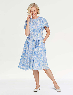 Angel Sleeve Pleat Front Print Dress Blue Floral