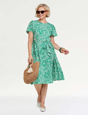 Angel Sleeve Pleat Front Print Dress Blue Floral