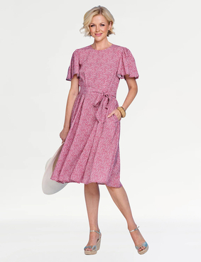 Angel Sleeve Pleat Front Print Dress Blue Floral