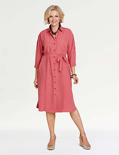 Button Front Roll Sleeve Dress - Terracotta