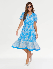 Border Print Short Sleeve Dress BLUE