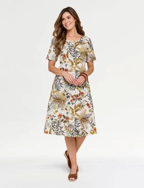 Linen Mix Print Dress Natural