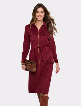 Stretch Cord Zip Front Dress Chocolate