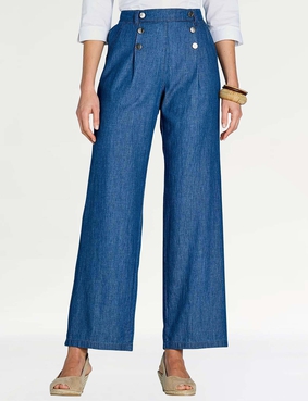 Pull On Denim Trouser with Button Front Detail Indigo