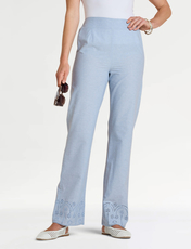 Cutwork Hem Elasticated Back Waist Cotton Trouser Blue