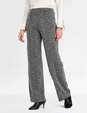 Tweed Look Pull On Wide Leg Trouser with Gold Button Tabs Charcoal