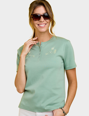 Ladies Grandad Top With Embroidery Blue