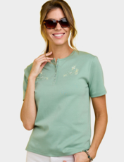 Ladies Grandad Top With Embroidery Blue