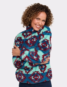 Half Zip Print Fleece Top Caramel