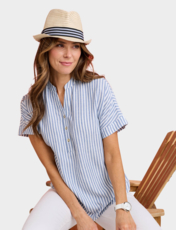 Linen Mix Short Sleeve Top Blue Stripe