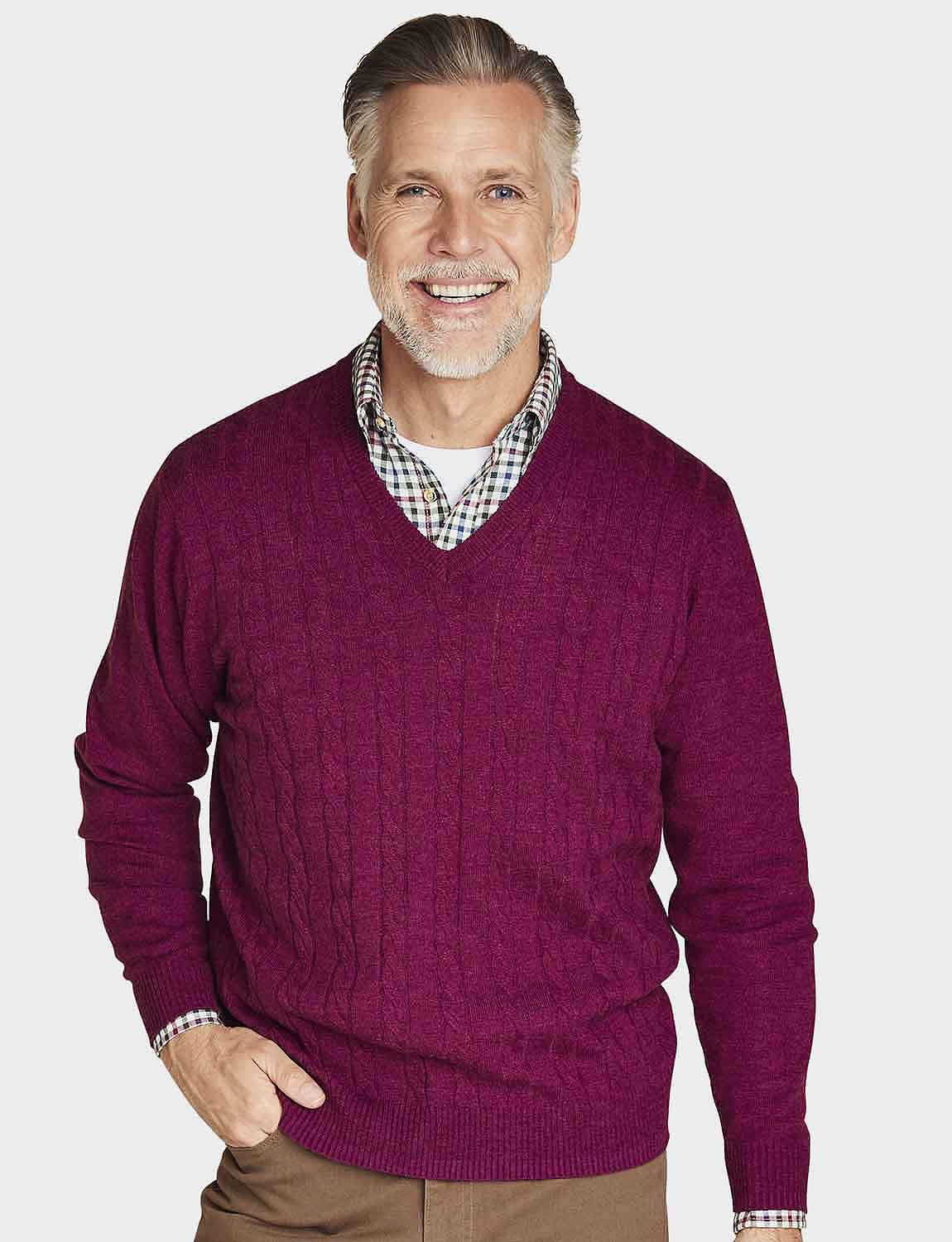 Cashmere Like V Neck Cable Sweater Berry