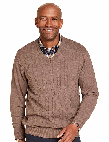 Cashmere Like V Neck Cable Sweater - Chestnut
